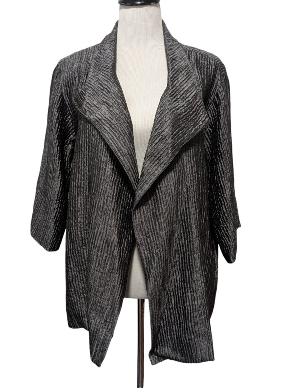 Eileen Fisher Womens Size L Metallic Gray Textured Silk Blend Open Front Jacket